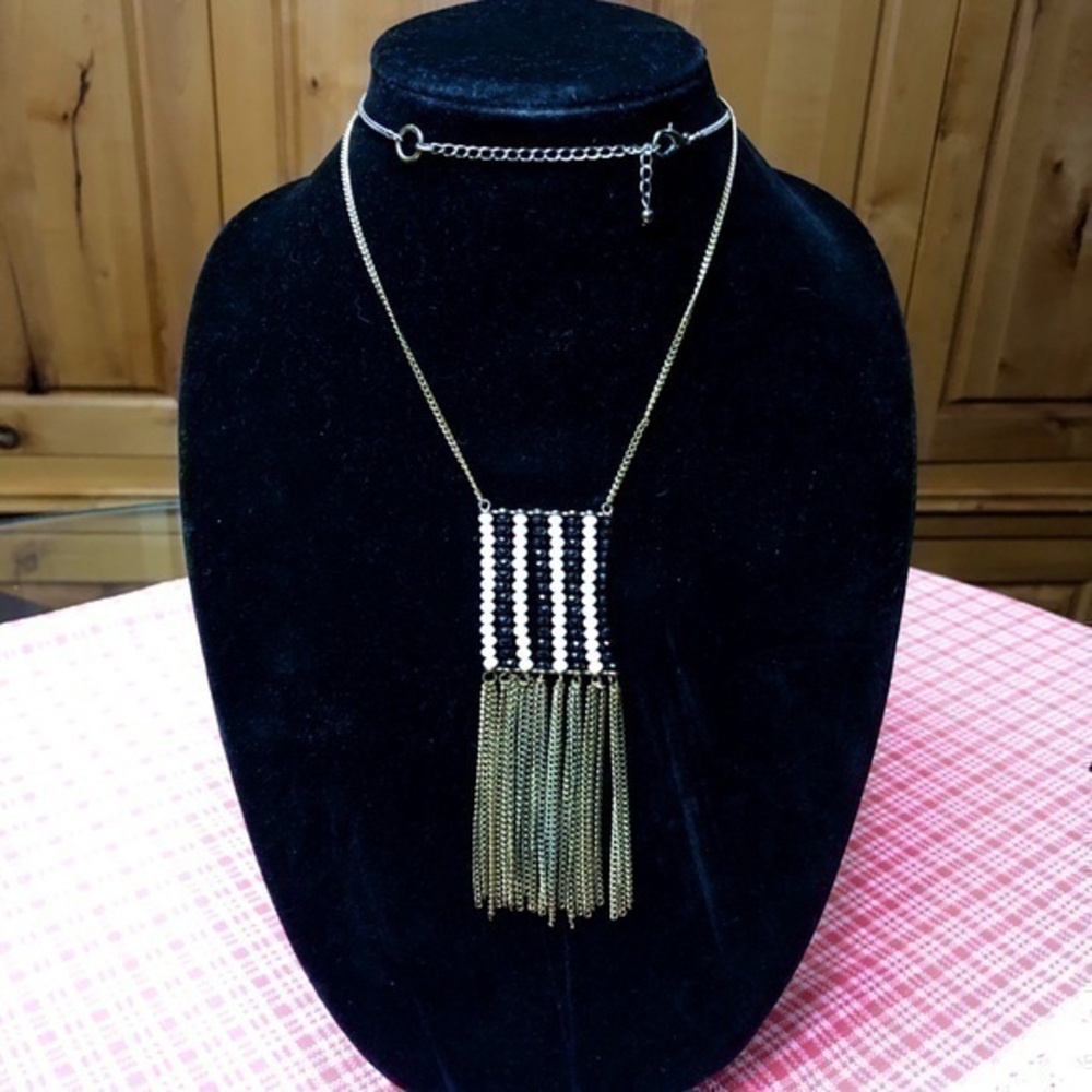 Geometric Black White Beaded Fringe Necklace Brassy Gold-Tone